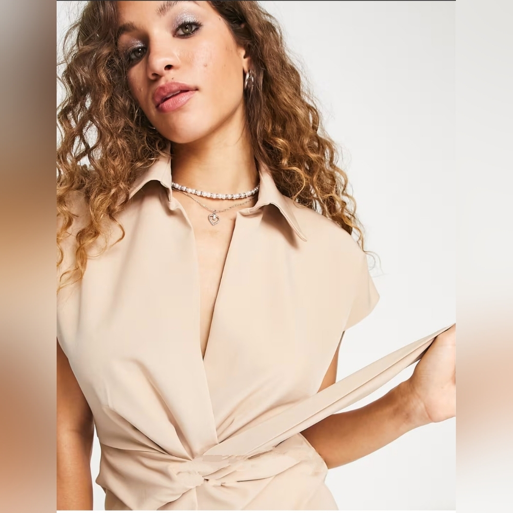 ASOS DESIGN collared wrap front midi dress with knot in stone - Picture 3 of 6